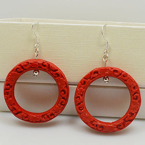 Red Cinnabar Earrings 925 Silver Dangle Women's Carved Lacquarware Jewelry