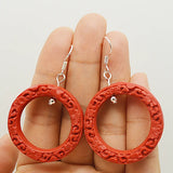 Red Cinnabar Earrings 925 Silver Dangle Women's Carved Lacquarware Jewelry