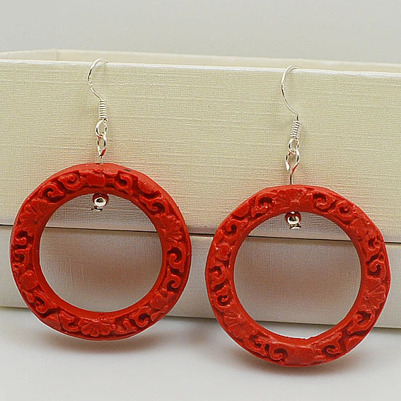 Red Cinnabar Earrings 925 Silver Dangle Women's Carved Lacquarware Jewelry