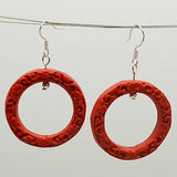 Red Cinnabar Earrings 925 Silver Dangle Women's Carved Lacquarware Jewelry
