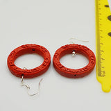 Red Cinnabar Earrings 925 Silver Dangle Women's Carved Lacquarware Jewelry