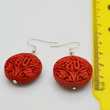 Red Cinnabar Earrings 925 Silver Dangle Lacquarware Jewelry