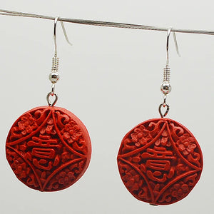 Red Cinnabar Earrings 925 Silver Dangle Lacquarware Jewelry