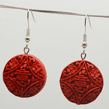 Red Cinnabar Earrings 925 Silver Dangle Lacquarware Jewelry