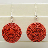 Red Cinnabar Earrings 925 Silver Dangle Lacquarware Jewelry