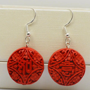 Red Cinnabar Earrings 925 Silver Dangle Lacquarware Jewelry