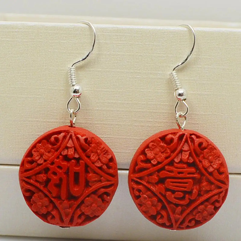 Red Cinnabar Earrings 925 Silver Dangle Lacquarware Jewelry