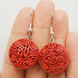 Red Cinnabar Earrings 925 Silver Dangle Lacquarware Jewelry