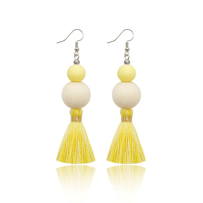 Fringe Earrings Vintage Bohemian Style Wood Beads Hand-woven Silicone