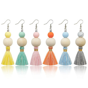 Fringe Earrings Vintage Bohemian Style Wood Beads Hand-woven Silicone