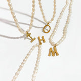 26 Letters Pendant Necklaces Freshwater Seed Pearls Women Dainty Stainless Steel