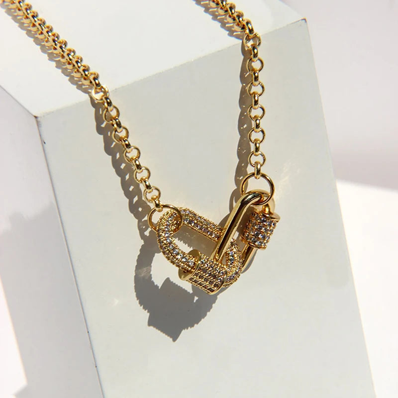 Peri'sBox Double Circle Carabiner Necklaces CZ Stone Necklaces Women