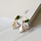 Baroque Pearl Drop Earrings Green Crystal Drop Earrings