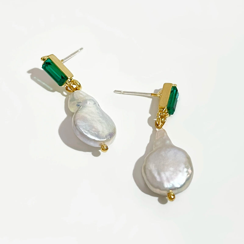 Baroque Pearl Drop Earrings Green Crystal Drop Earrings
