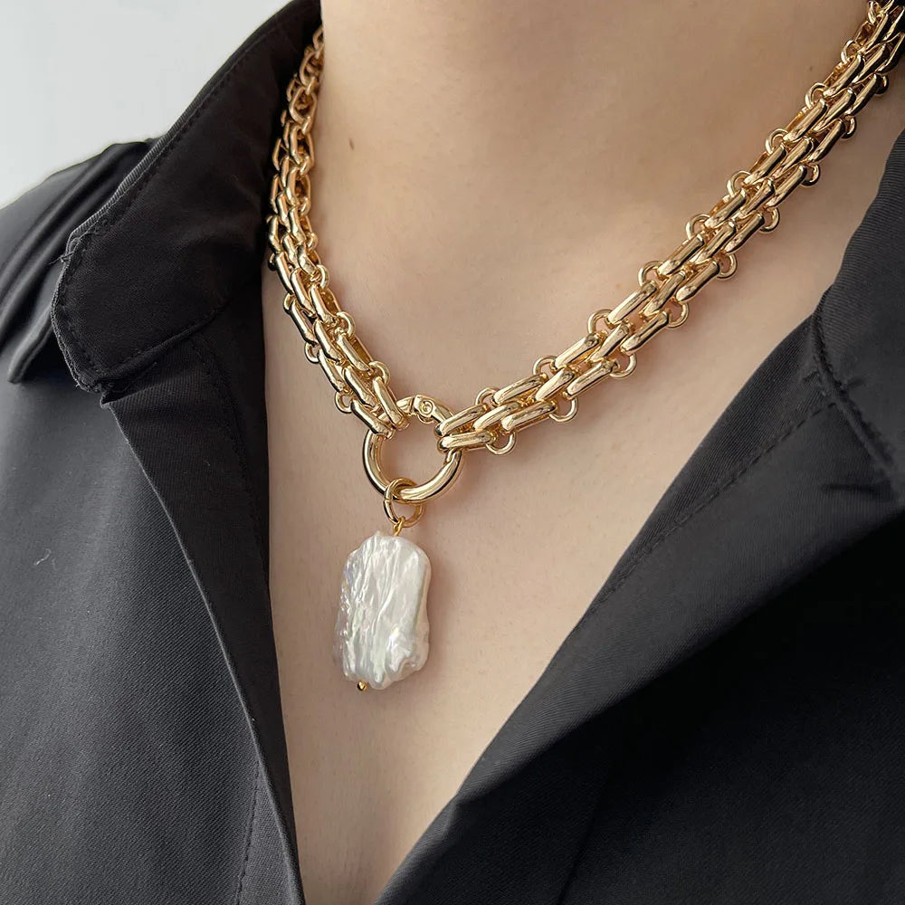 Baroque Pearl Pendant Chunky Chain Necklace Vintage Baroque Pearls