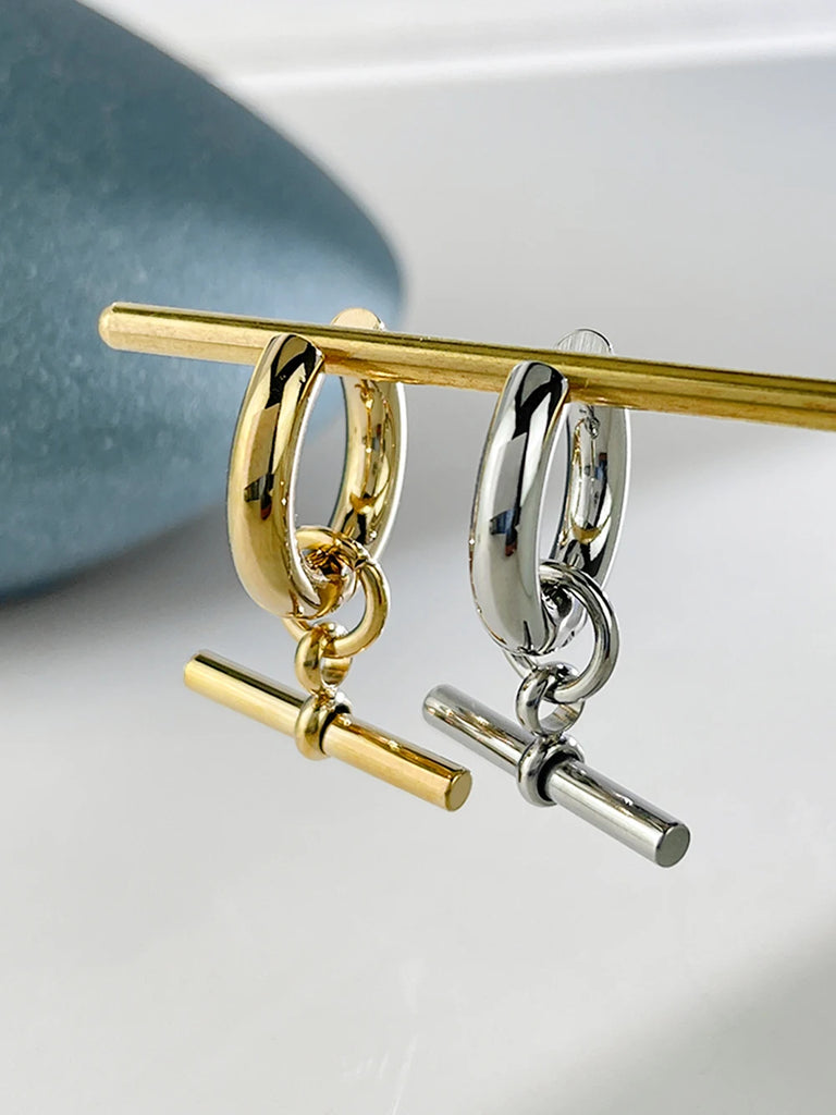 Vintage T Bar Pendant Hoop Earrings Metal Circle Huggie Earrings