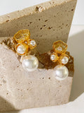 Peri'sbox Plated Teardrop Zircon Hollow Flower Large Pearl Stud Earrings