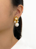 Peri'sbox Plated Teardrop Zircon Hollow Flower Large Pearl Stud Earrings