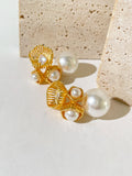 Peri'sbox Plated Teardrop Zircon Hollow Flower Large Pearl Stud Earrings