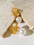 Peri'sbox Plated Teardrop Zircon Hollow Flower Large Pearl Stud Earrings