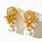 Peri'sbox Plated Teardrop Zircon Hollow Flower Large Pearl Stud Earrings