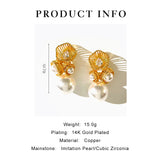 Peri'sbox Plated Teardrop Zircon Hollow Flower Large Pearl Stud Earrings