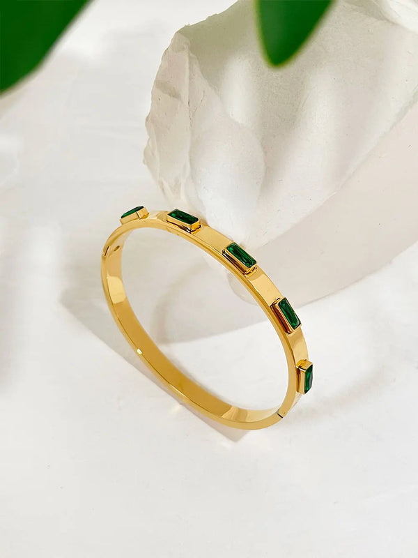 Peri'sbox Stainless Steel 18K Plated Baguette CZ Zircon Bangle Bracelet