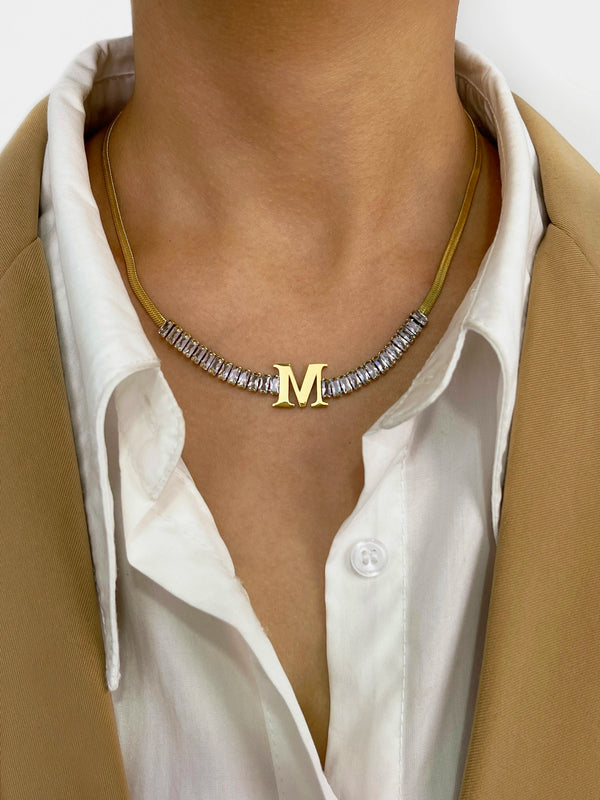 Peri'sbox Baguette Cz Initial Choker Necklace Stainless Steel Pvd Plated