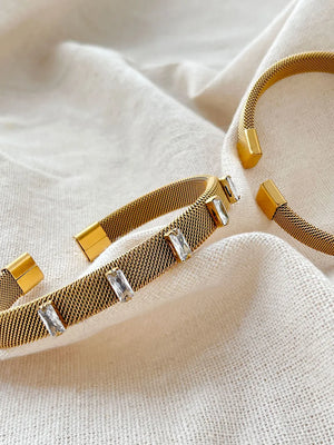 Peri'sbox Mesh Bracelet Baguette Cz Zircon Wide Cuff Bangle