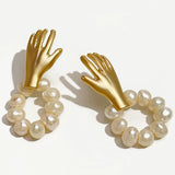 Peri'sbox Matte Plated Hand Stud Earrings with Freshwater Pearls