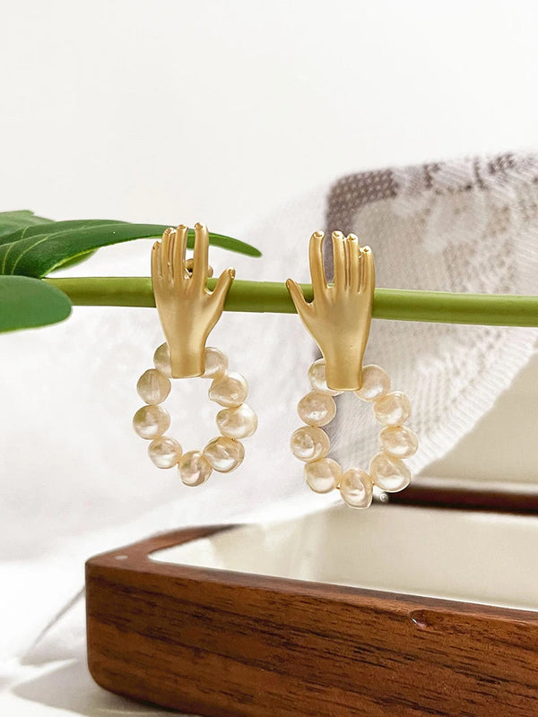 Peri'sbox Matte Plated Hand Stud Earrings with Freshwater Pearls