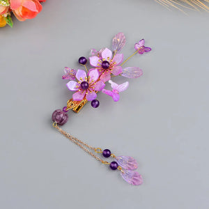 Purple Glaze Flower Hairpins Tassel Jades Pendant Headwear For Women