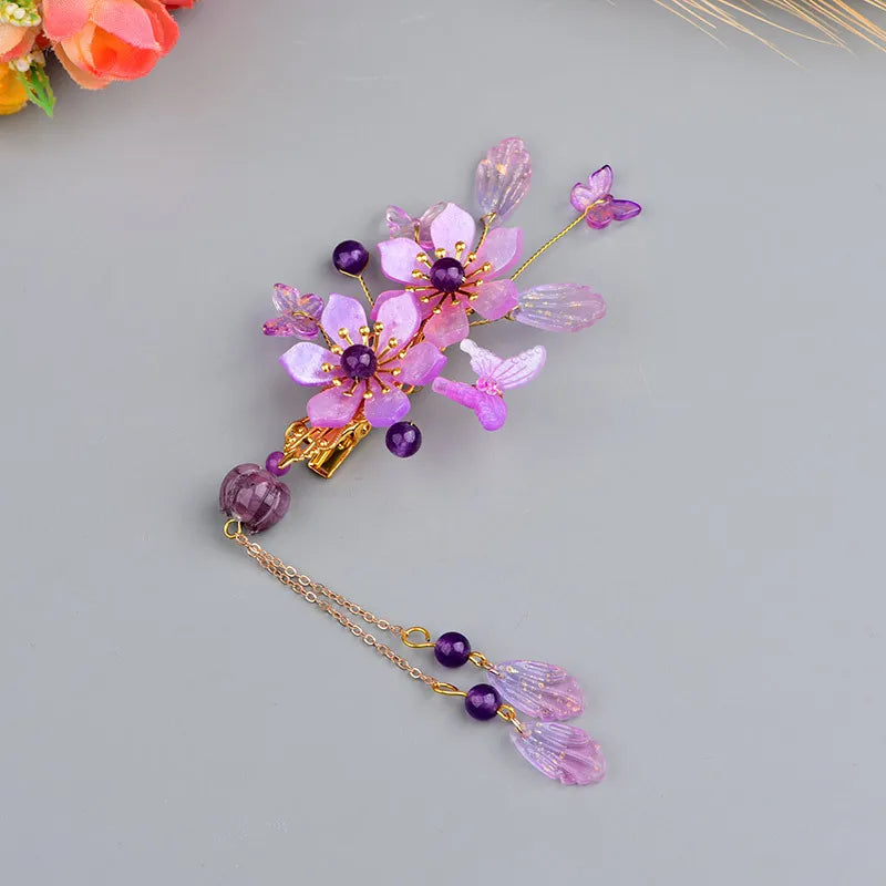Purple Glaze Flower Hairpins Tassel Jades Pendant Headwear For Women