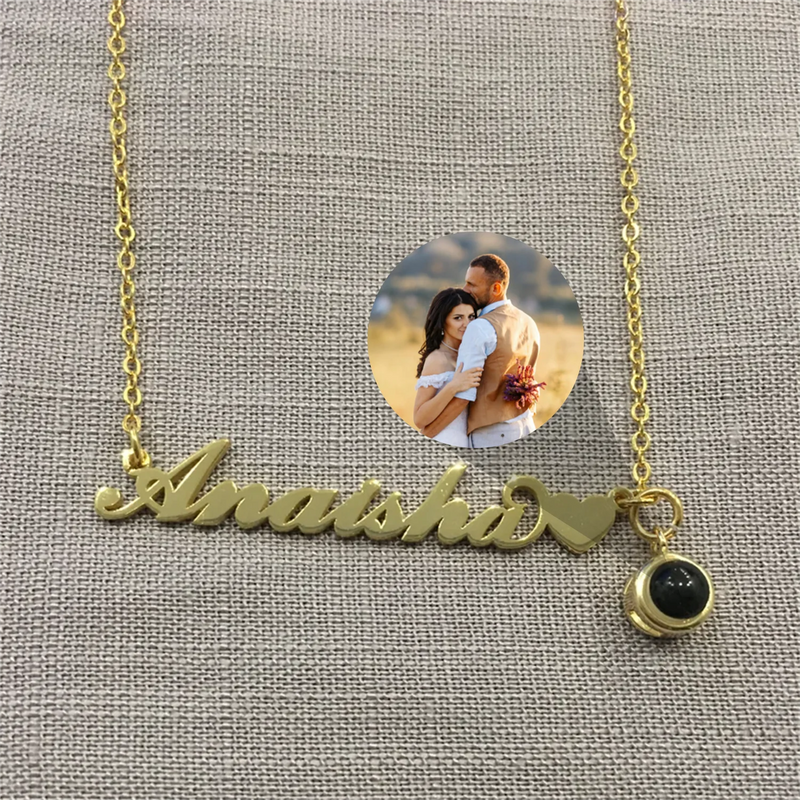 Personalised 925 Silver Heart Name Necklace Round Projection Pendant