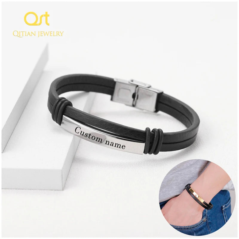 Personalised Multilayer Leather Bracelet Custom Engraving Stainless Steel Bar