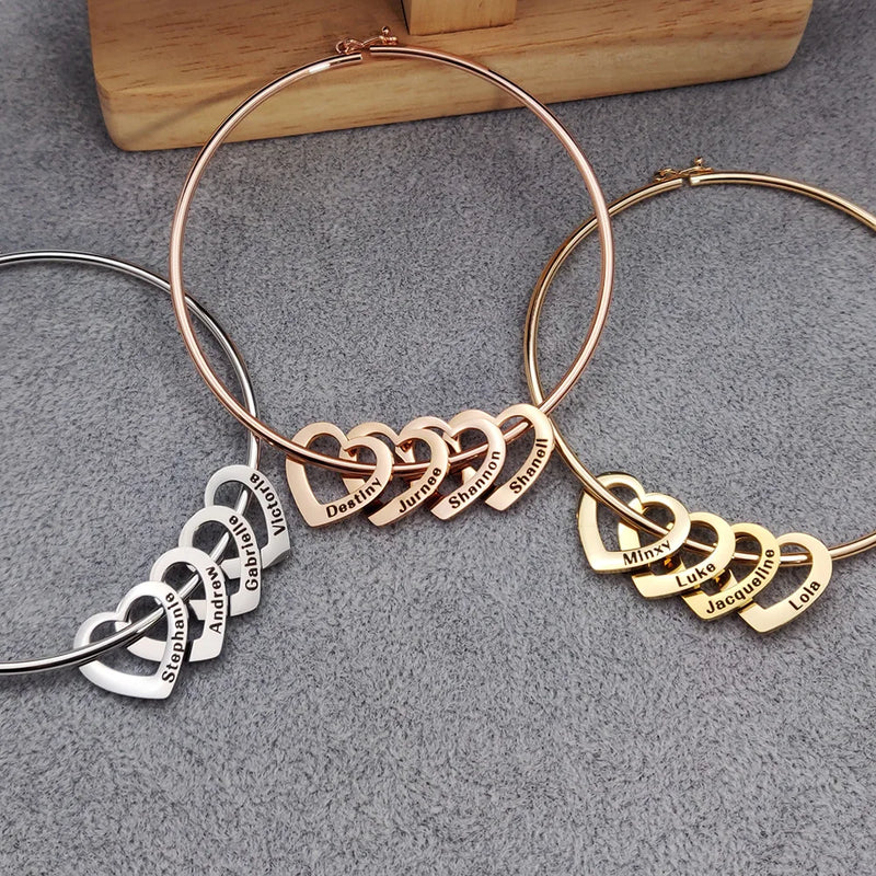 Personalized Name Heart Bracelet Stainless Steel Engraved Mom Bangle