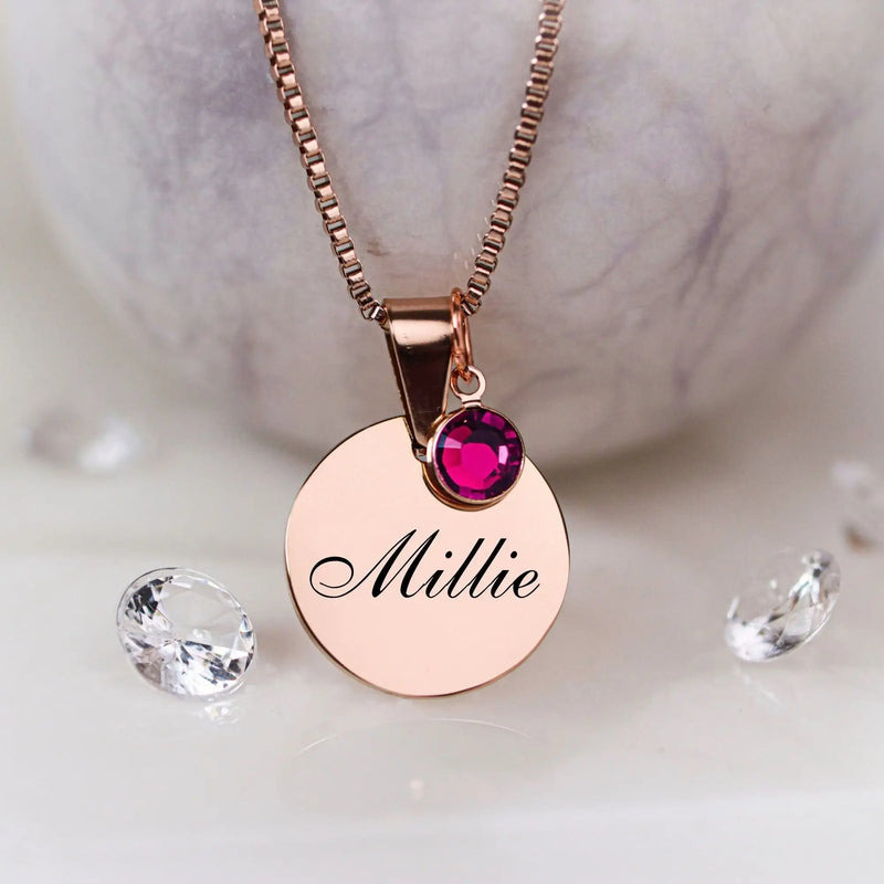 Custom Engraved Birthstone Necklace - Personalised Name - Special Words Gift