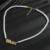 Custom Pearl Choker Necklace - Old English Font