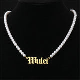 Custom Pearl Choker Necklace - Old English Font