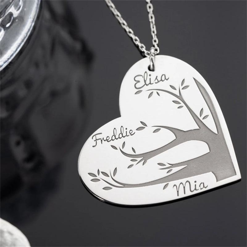 Family Tree Heart Necklace with Engraved Names