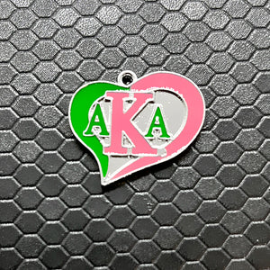 Personalised ALPHA Sorority Heart Charm Pendant - Pink Green Enamel Metal