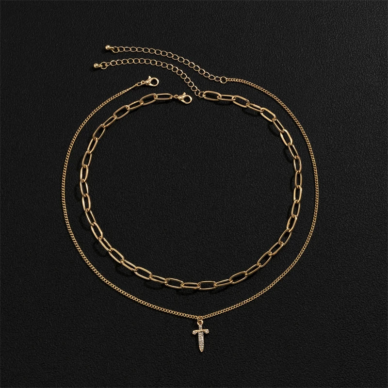 Hip-Hop Zircon Sword Pendant Necklace Multi-Layered Men's Jewelry