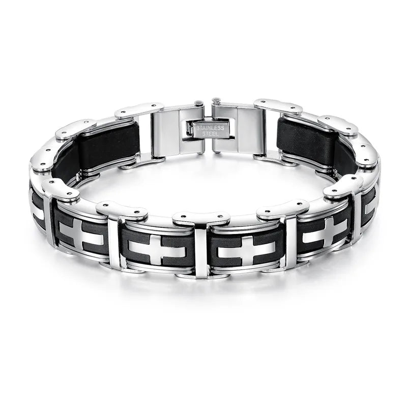Men's Cross Stainless Steel Silicone Bracelet