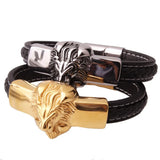 Lion Head Leather Woven Bracelet Chain Cuff Bangle Mens Boys Jewelry