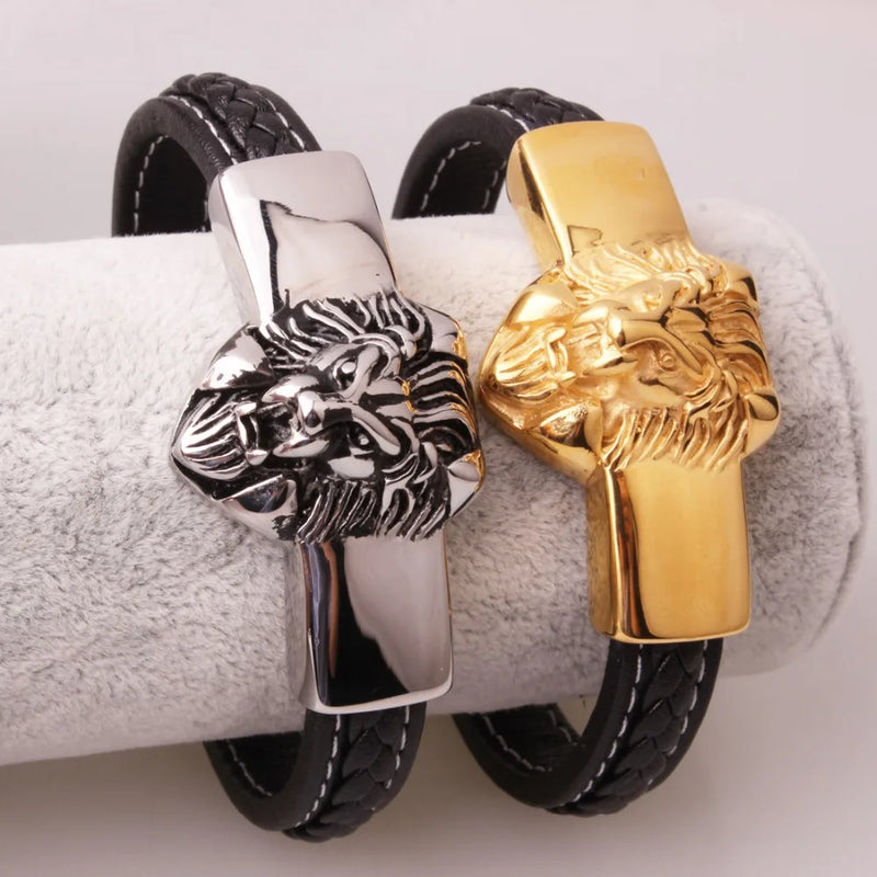 Lion Head Leather Woven Bracelet Chain Cuff Bangle Mens Boys Jewelry