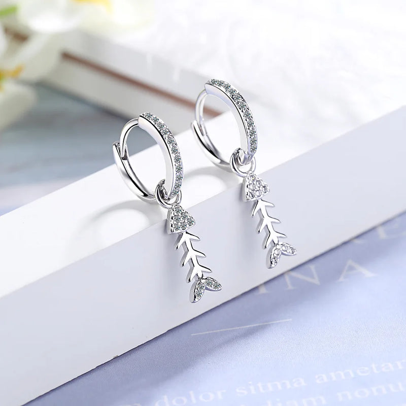 925 Silver Needle Fish Bone Earrings CZ Stackable Oorbellen Brincos