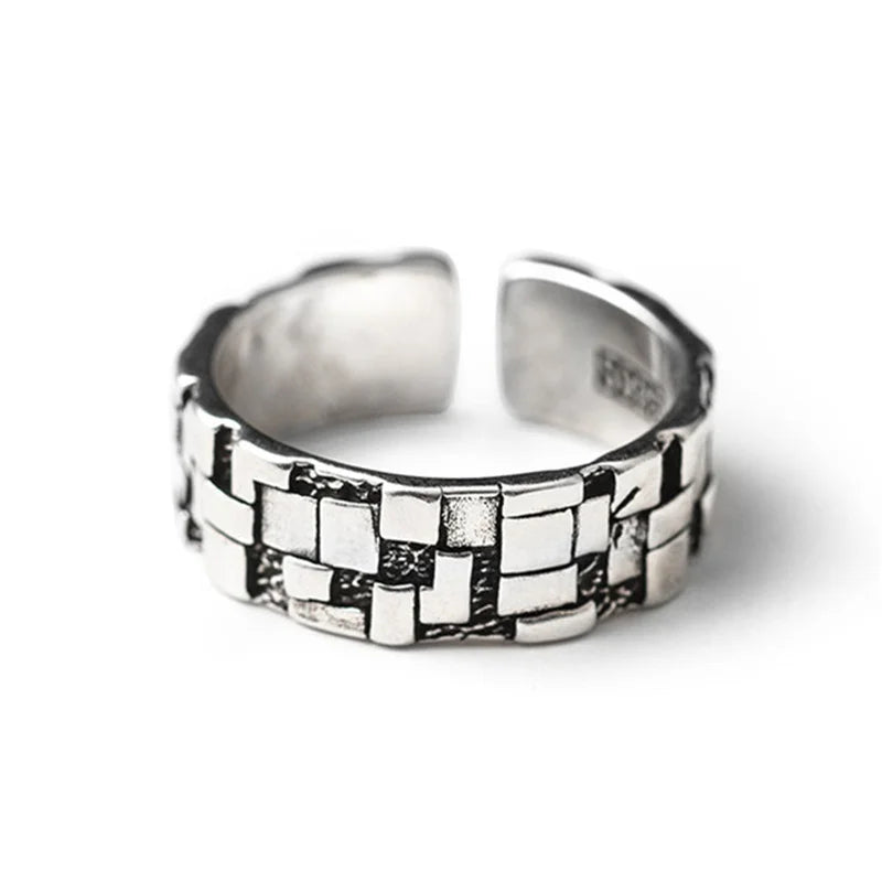 Geometric Block Pattern Ring, 925 Sterling Silver Male Index Finger Accessory