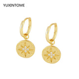 Geometric Coin Pendant Hoop Earrings 925 Silver Hypoallergenic Ear Jewelry