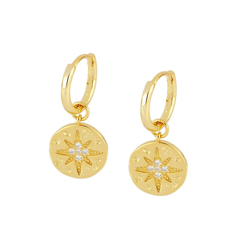 Geometric Coin Pendant Hoop Earrings 925 Silver Hypoallergenic Ear Jewelry