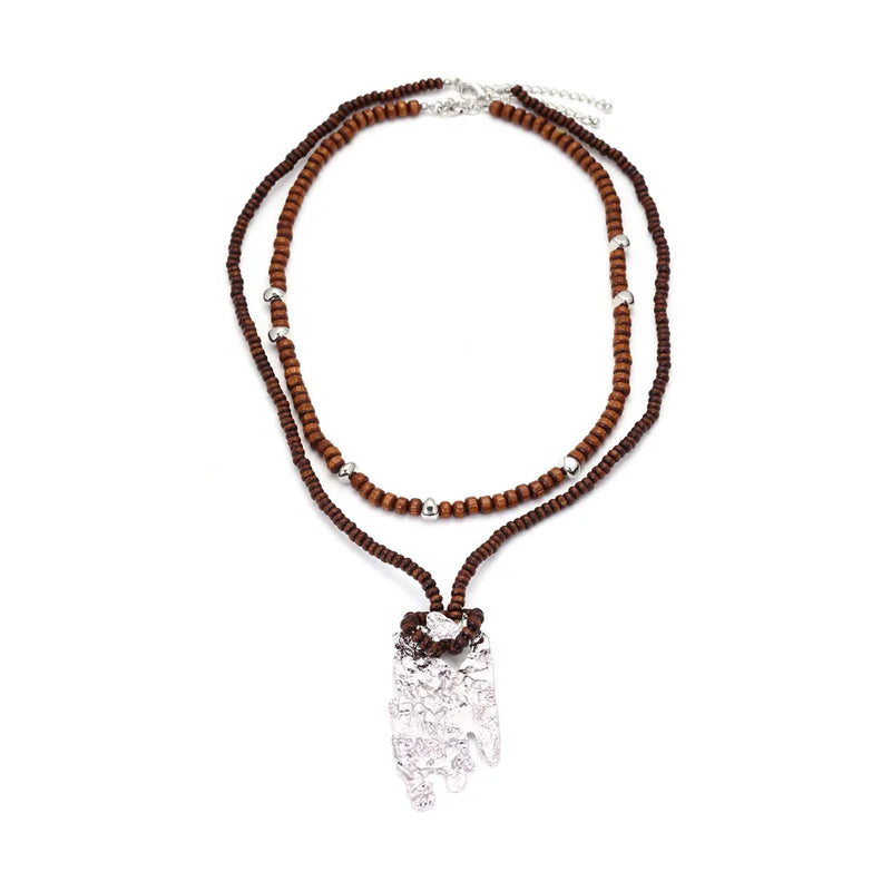 Layered Wood Bead Pendant Necklace